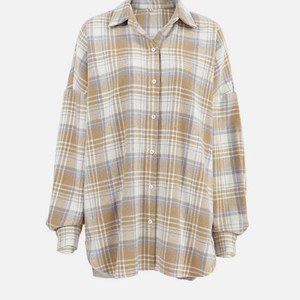 Plaid Collared Neck Dropped Shoulder Shirt