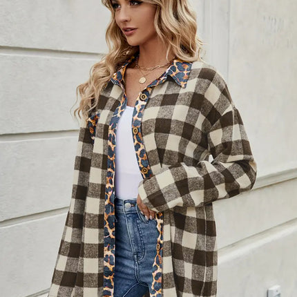 Leopard Trim Plaid Collared Neck Long Sleeve Shirt