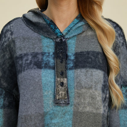 Double Take Full Size Plaid Dropped Shoulder Fleece Hoodie