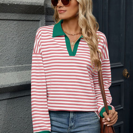 Striped Johnny Collar Long Sleeve Sweatshirt