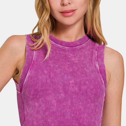 Zenana Washed Ribbed Seamless Crop Tank with Bra Pad