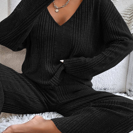 V-Neck Long Sleeve Top and Pants Set