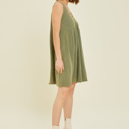 HEYSON Full Size Texture V-Neck Sleeveless Flare Mini Dress