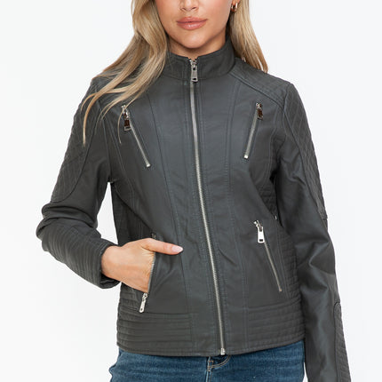 Snobbish Faux Leather Zip Up Mock Neck Jacket