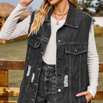 Sleeveless Button-Up Collared Denim Top with Pockets