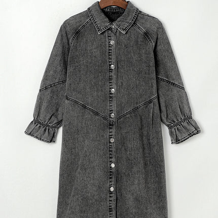 Distressed Collared Neck Flounce Sleeve Denim Dress