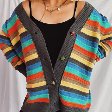 Contrast Stripes Button Up Long Sleeve Cardigan