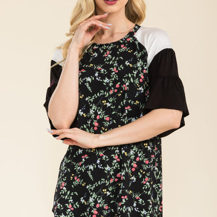 Celeste Full Size Floral Contrast Bell Sleeve Top