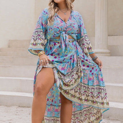 Plus Size Printed Tie Neck Top and Skirt Set