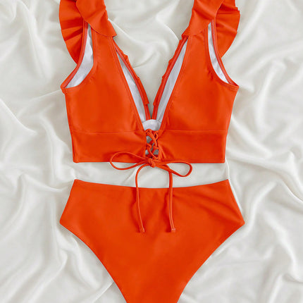 Ruffled V-Neck Sleeveless Two-Piece Swim Set