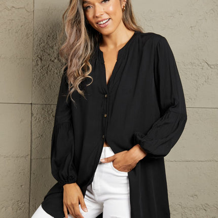 Double Take Notched Neck Balloon Sleeve Shirt