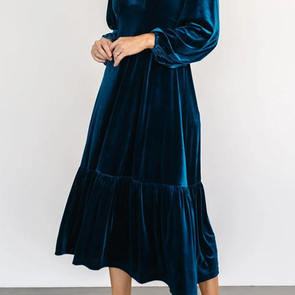 V-Neck Long Sleeve Midi Velvet Dress