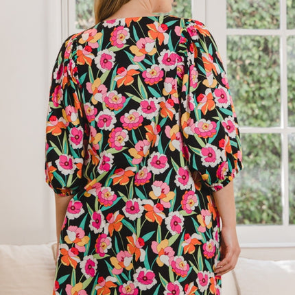 ODDI Full Size Floral Puff Sleeve Mini Dress