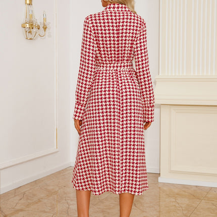 Tied Houndstooth Long Sleeve Midi Dress