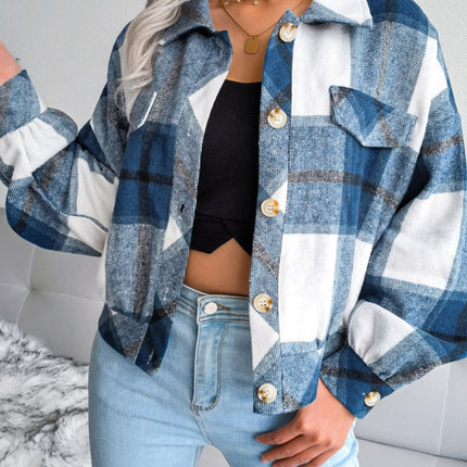 Plaid Collared Neck Long Sleeve Jacket