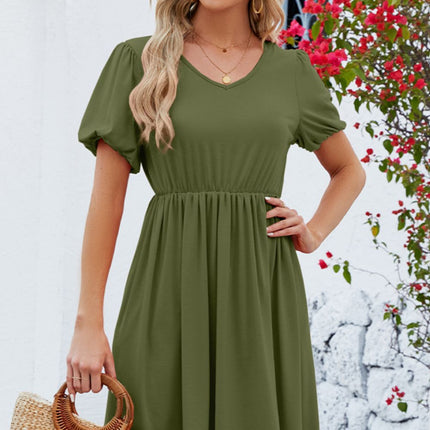 V-Neck Balloon Short Sleeve Dress