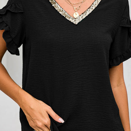 Ruffled V-Neck Short Sleeve Blouse