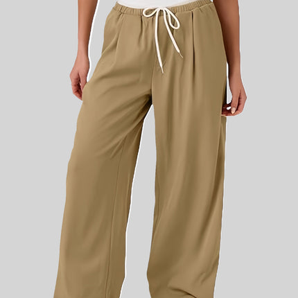 Contrast Waistband Drawstring Wide Leg Pants