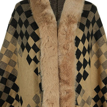 Fuzzy Checkered Long Sleeve Poncho
