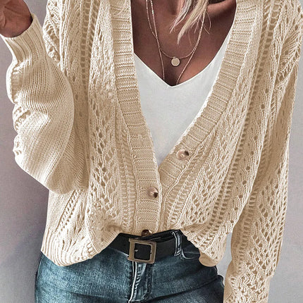 Openwork Button Up Long Sleeve Cardigan