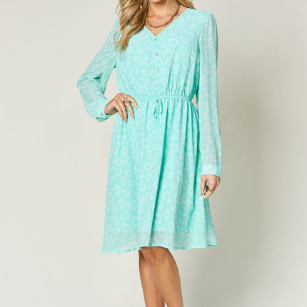 Double Take Full Size Printed Ruched V-Neck Long Sleeve Dress