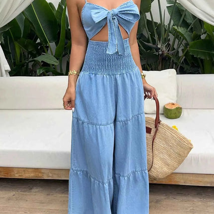 Tie-Front Cutout Smocked Wide Leg Denim Jumpsuit