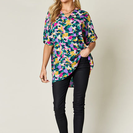 Double Take Full Size Printed V-Neck Short Sleeve Blouse