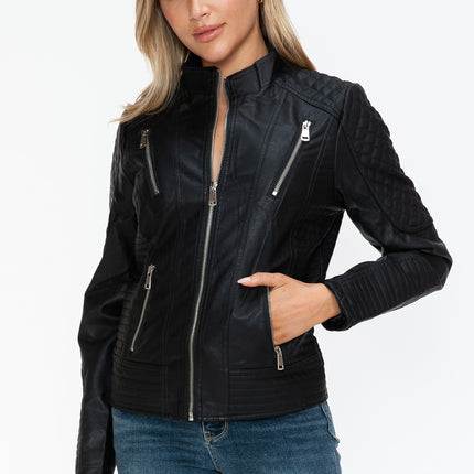 Snobbish Faux Leather Zip Up Mock Neck Jacket