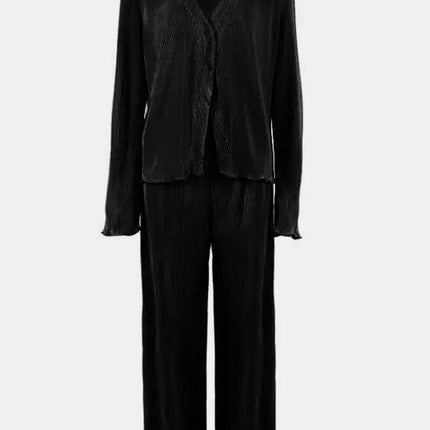 Textured Button Up Collared Neck Top and Pants Set