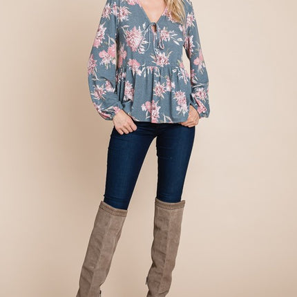 Super Lady Full Size Babydoll Floral Long Sleeve Blouse