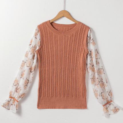 Cable Knit Round Neck Flounce Sleeve Sweater