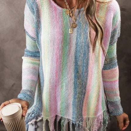 Fringe Color Block Round Neck Sweater