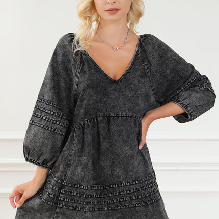 V-Neck Three Quarter Sleeve Denim Dress