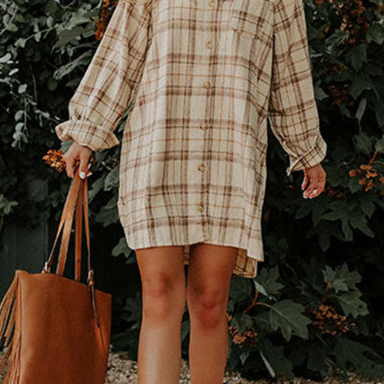 Plaid Collared Neck Long Sleeve Mini Shirt Dress