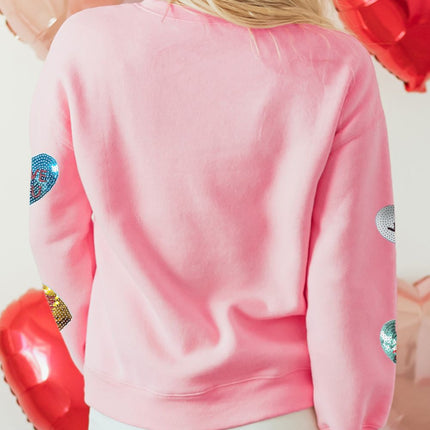 Valentine’s Day Sequin Heart Round Neck Long Sleeve Sweatshirt