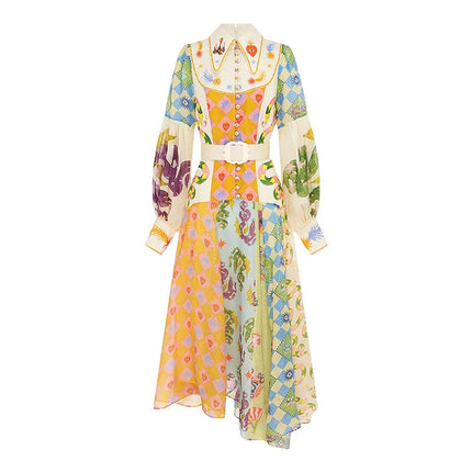 2023 Autumn Print Holiday Women Beach Dress With Belts A-line Long Lantern Sleeve Single Breasted Lapel Seaside Dresses Robe