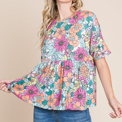 BOMBOM Floral Round Neck Short Sleeve Blouse