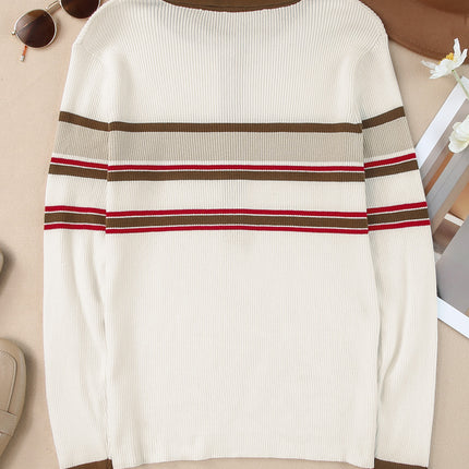 Half Button Contrast Stripe Long Sleeve Knit Top