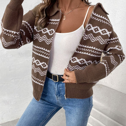 Perfee Geometric Zip Up Collared Neck Long Sleeve Cardigan