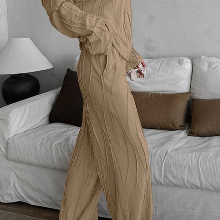 Texture Dropped Shoulder Long Sleeve Top and Pants Set