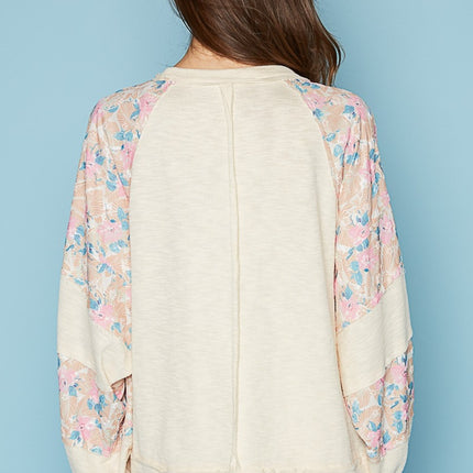 POL Round Neck Balloon Floral Long Sleeve Top