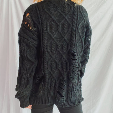 Distressed Cable-Knit Round Neck Long Sleeve Sweater