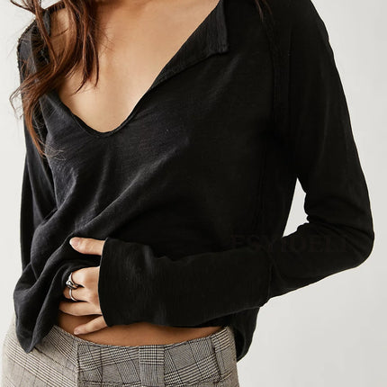 Exposed Seam Notched Long Sleeve T-Shirt