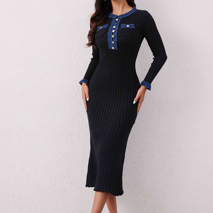 Contrast Trim Round Neck Long Sleeve Sweater Dress