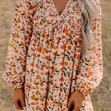 Smocked Printed V-Neck Long Sleeve Dress