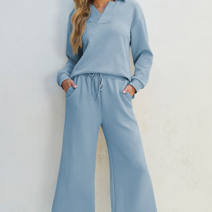 Textured Collared Neck Top and Wide Leg Pants Set