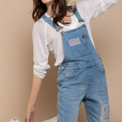 POL Front Chest Zipper Slim Leg Denim Overalls