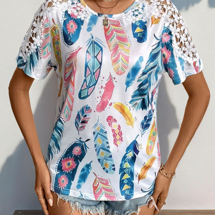 Printed Round Neck Lace Short Sleeve Top