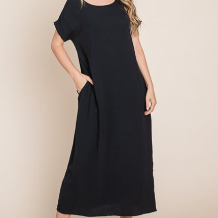 BOMBOM Round Neck Short Sleeve Midi Dress with Pockets