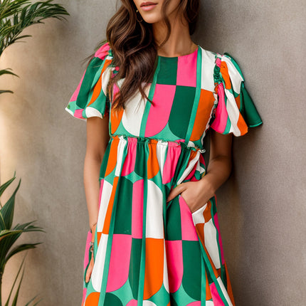 Color Block Round Neck Short Sleeve Dress